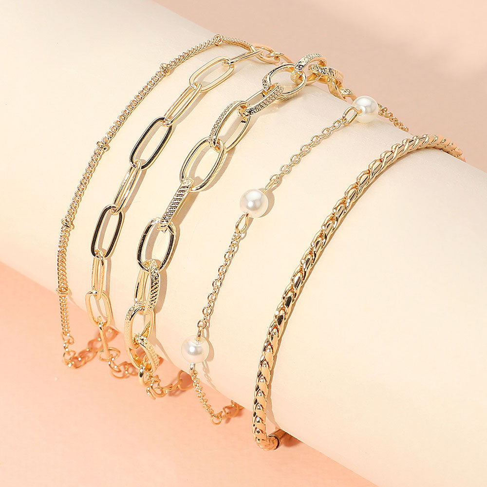 Madeline Love Gold Pearl Station Metal Chain Bracelet Set
