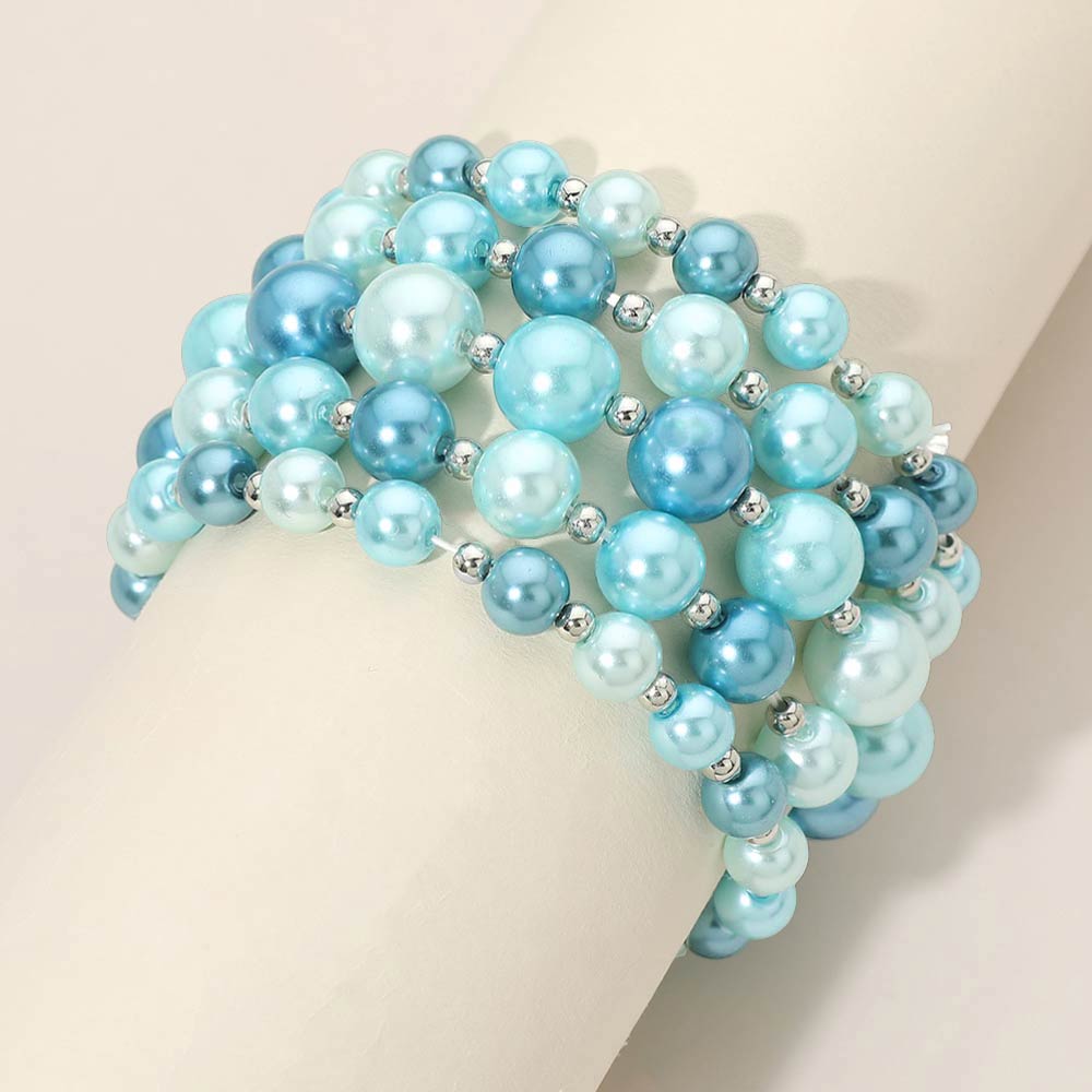 Madeline Love Aqua, Multi 5PCS - Colorful Pearl Beaded Stretch Multi Layered Bracelets
