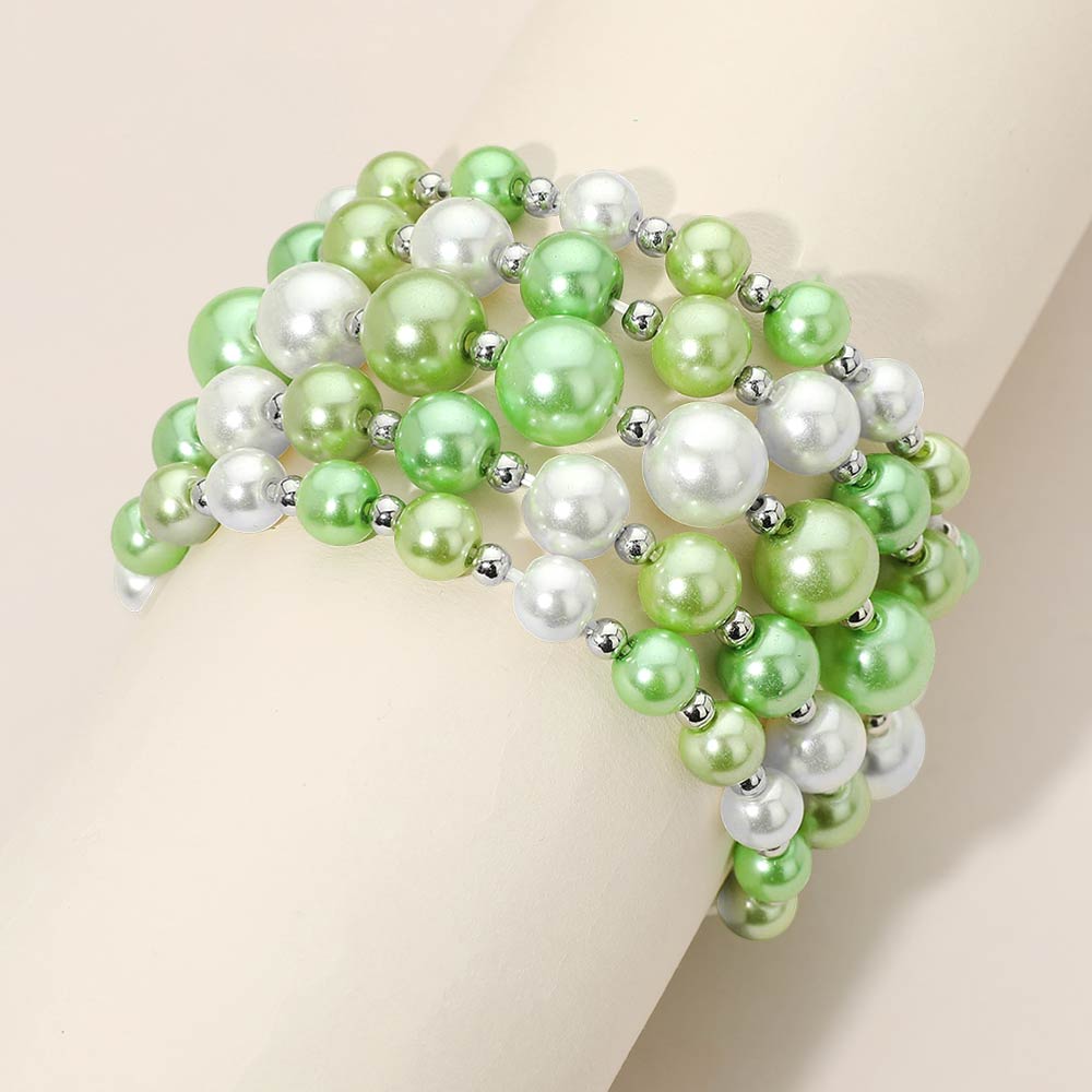 Madeline Love Lime, Multi 5PCS - Colorful Pearl Beaded Stretch Multi Layered Bracelets