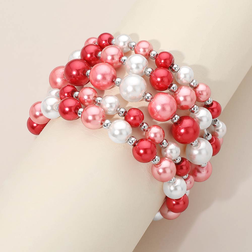 Madeline Love Multi, Pink 5PCS - Colorful Pearl Beaded Stretch Multi Layered Bracelets