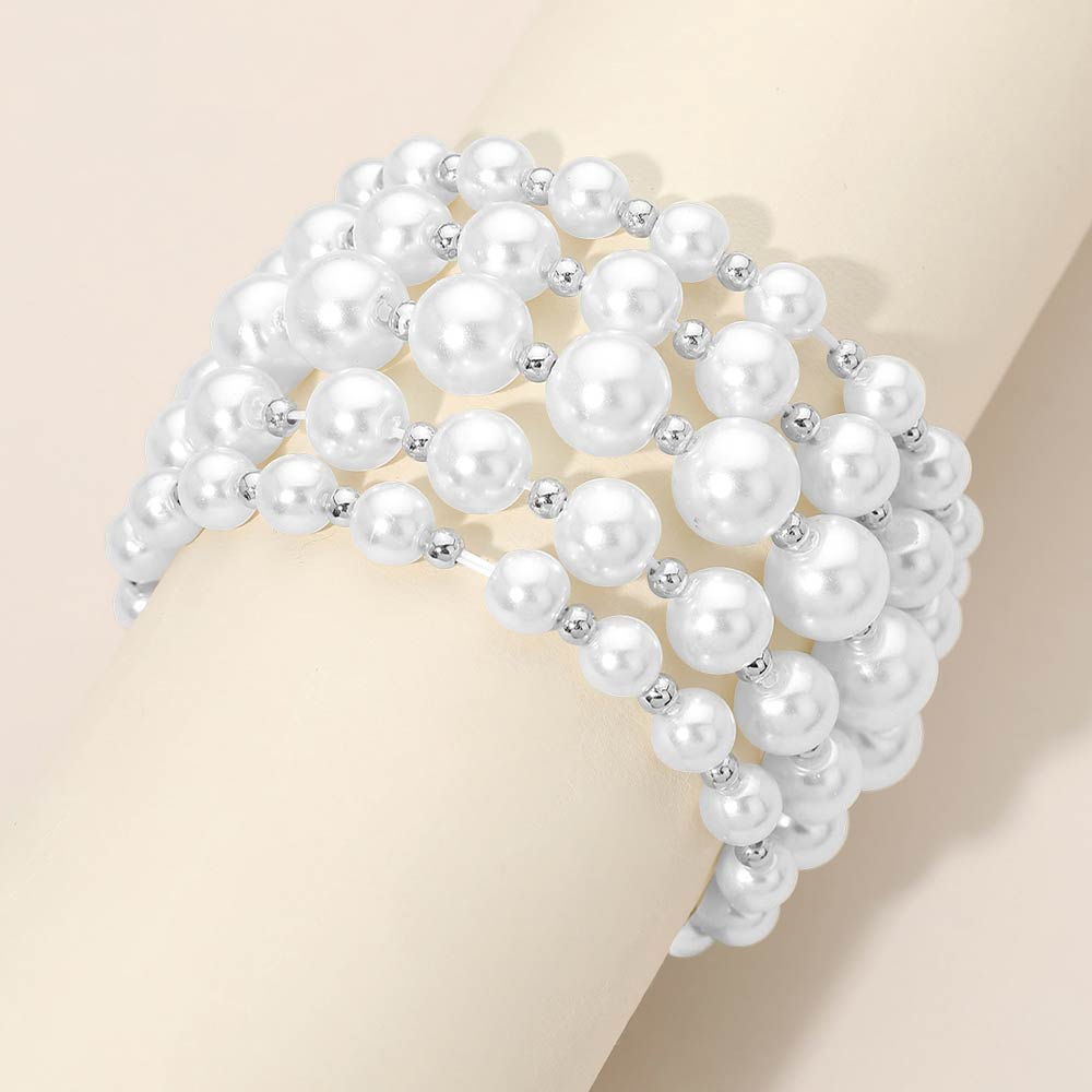 Madeline Love White 5PCS - Pearl Beaded Stretch Multi Layered Bracelets