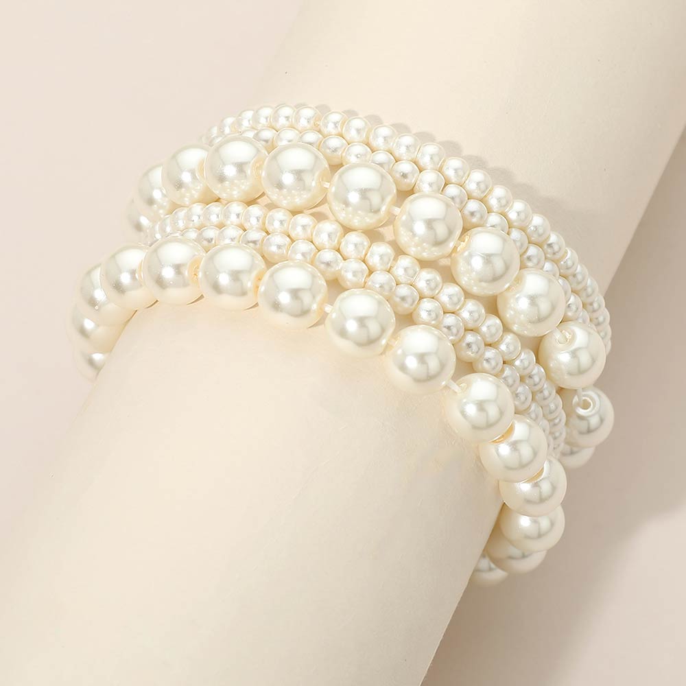 Madeline Love Cream 6PCS - Pearl Beaded Stretch Multi Layered Bracelets