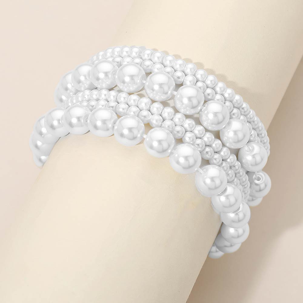Madeline Love White 6PCS - Pearl Beaded Stretch Multi Layered Bracelets