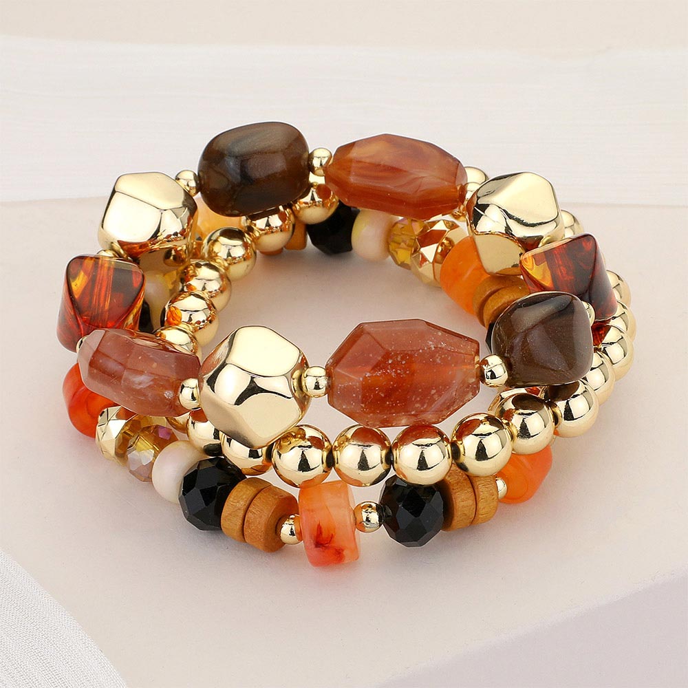 Madeline Love Brown, Gold 3PCS - Various Beads Beaded Stretch Multi Layered Bracelets