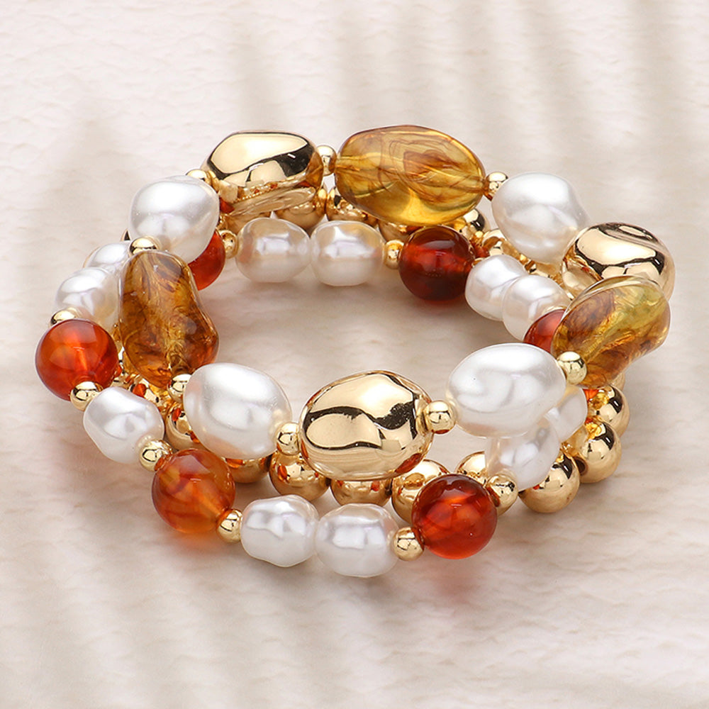 Madeline Love Brown, Gold 3PCS - Pearl Metal Glass Beaded Stretch Multi Layered Bracelets