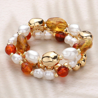 Madeline Love Brown, Gold 3PCS - Pearl Metal Glass Beaded Stretch Multi Layered Bracelets