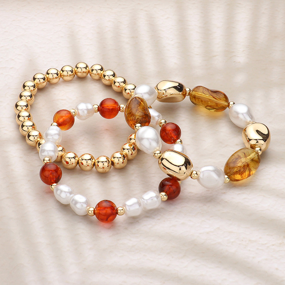 Madeline Love Brown, Gold 3PCS - Pearl Metal Glass Beaded Stretch Multi Layered Bracelets - extra