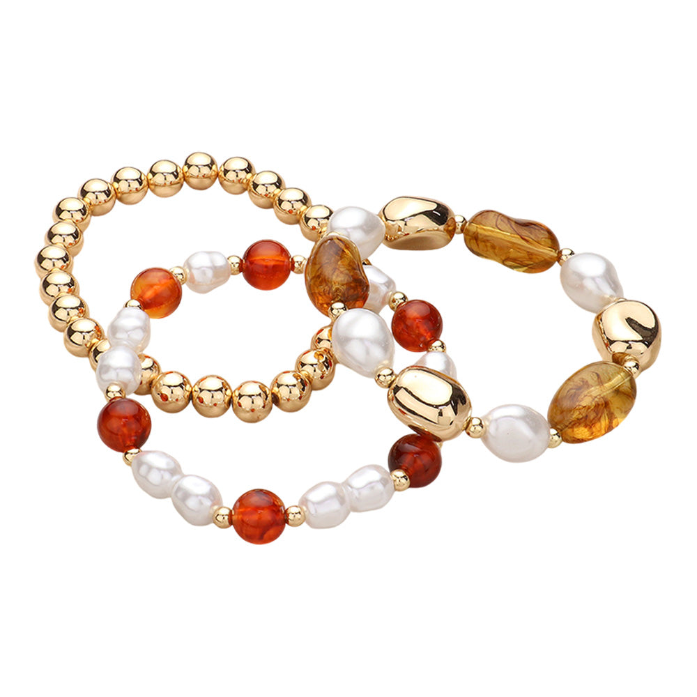 Madeline Love Brown, Gold 3PCS - Pearl Metal Glass Beaded Stretch Multi Layered Bracelets - extra