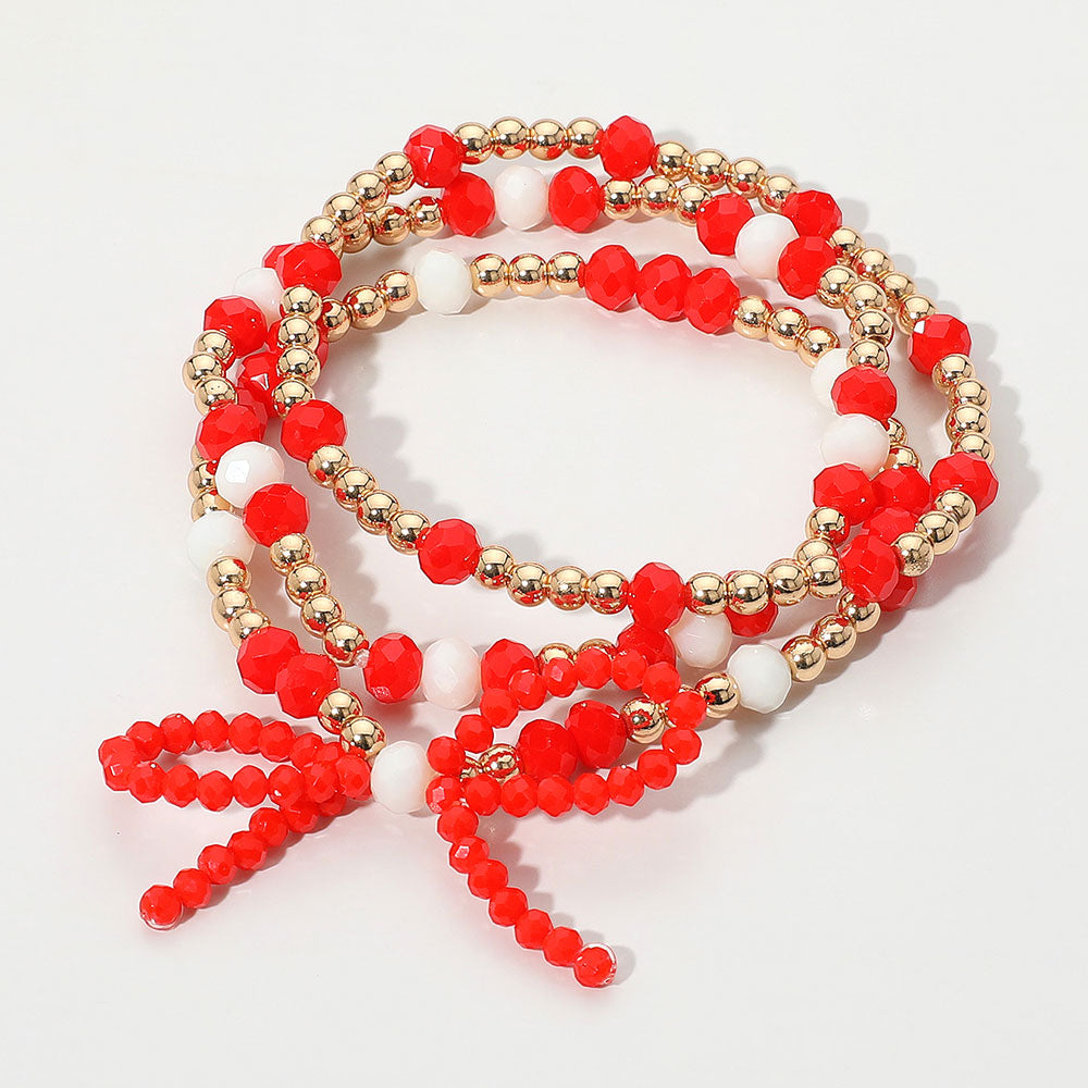 Madeline Love Gold, Red, White 3PCS - Sports Team Theme Colored Bow Accent Faceted Beaded Stretch Multi Layered Bracelets