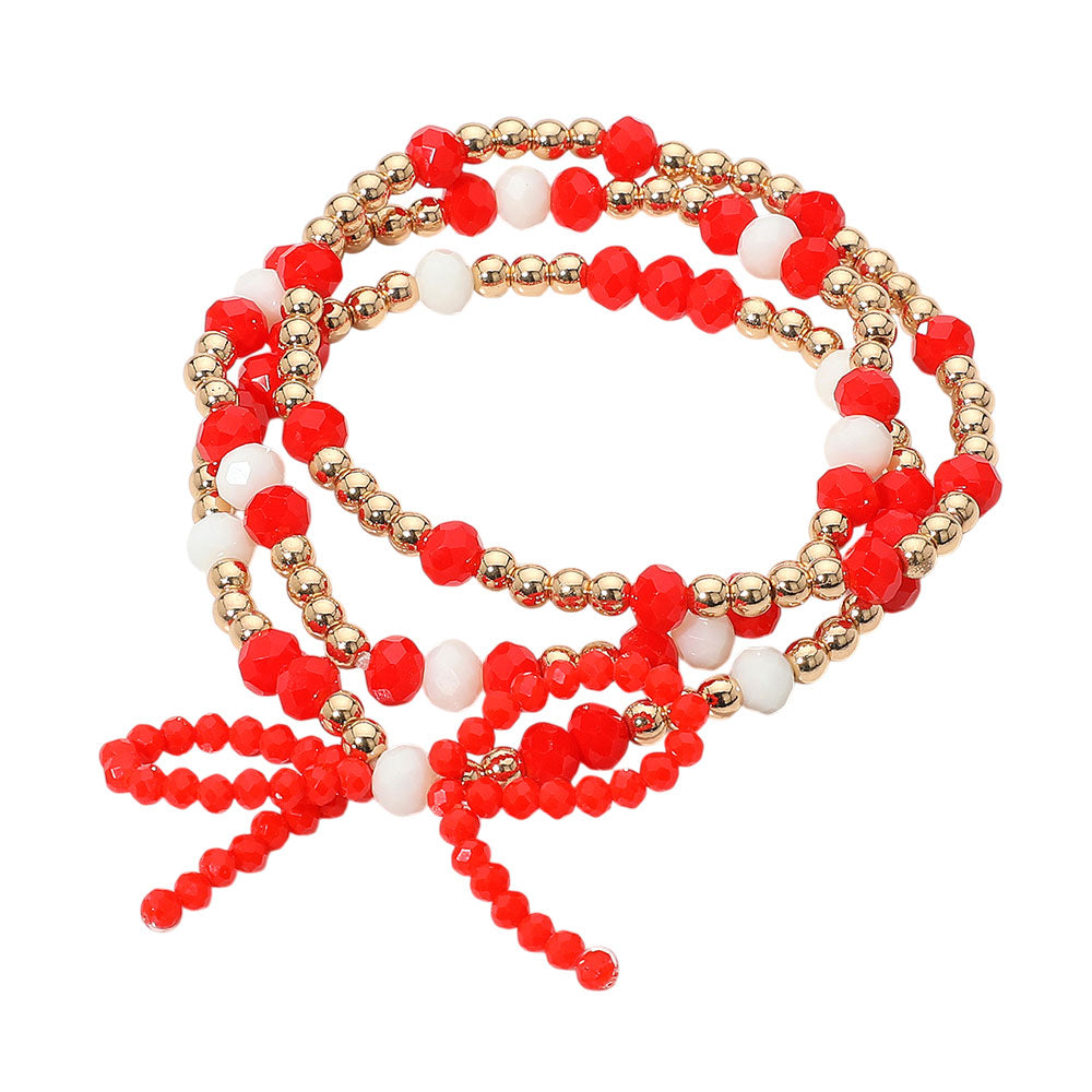 Madeline Love Gold, Red, White 3PCS - Sports Team Theme Colored Bow Accent Faceted Beaded Stretch Multi Layered Bracelets - desc