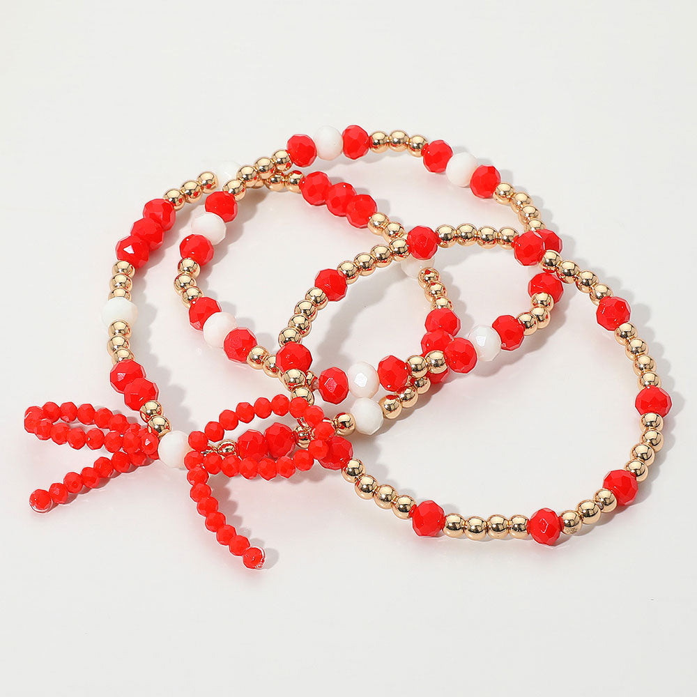 Madeline Love Gold, Red, White 3PCS - Sports Team Theme Colored Bow Accent Faceted Beaded Stretch Multi Layered Bracelets - extra