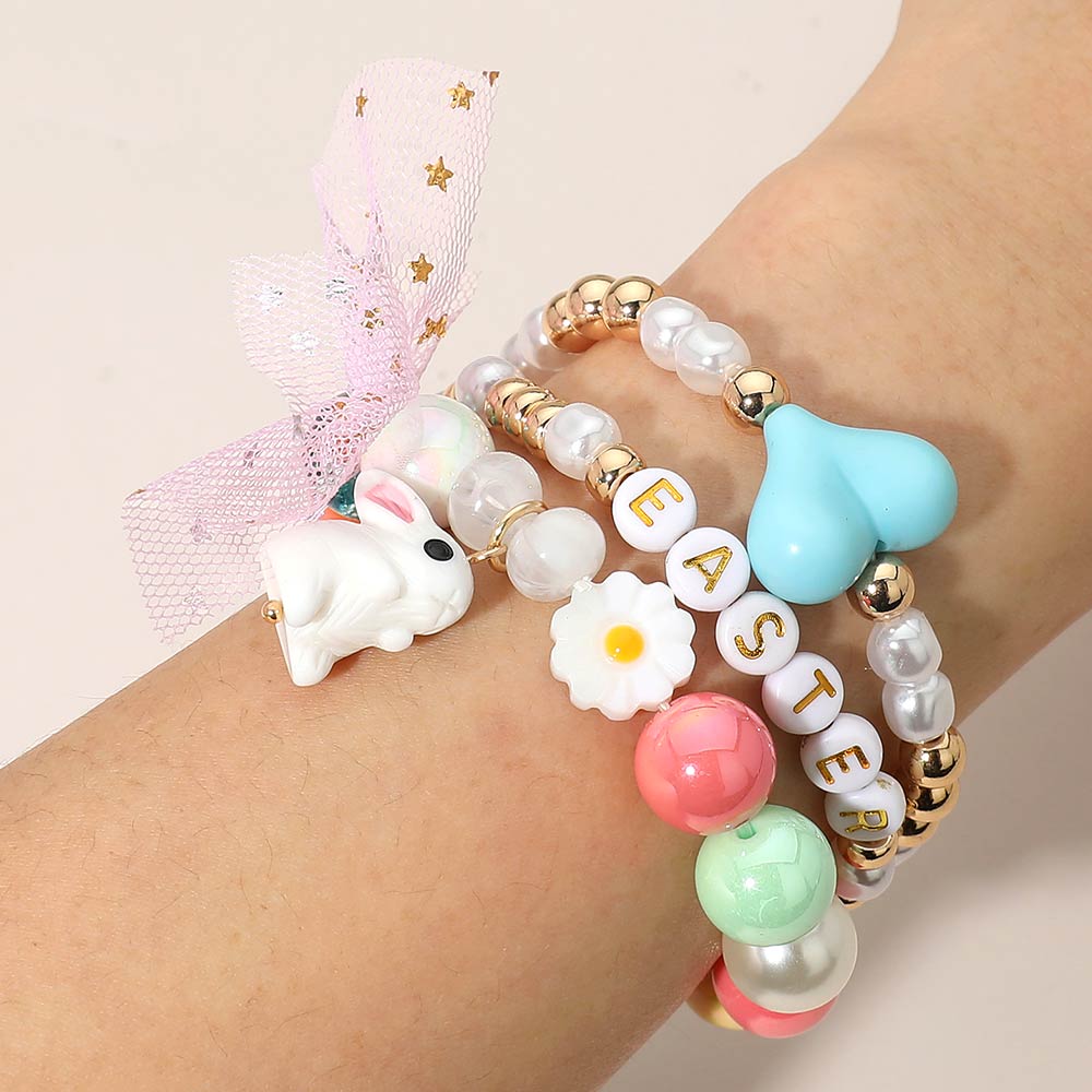 Madeline Love Gold, Multi 3PCS - Easter Bunny Bow Heart Pearl Flower Beaded Stretch Multi Layered Bracelets