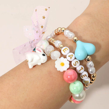Madeline Love Gold, Multi 3PCS - Easter Bunny Bow Heart Pearl Flower Beaded Stretch Multi Layered Bracelets