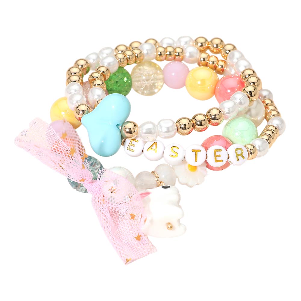 Madeline Love Gold, Multi 3PCS - Easter Bunny Bow Heart Pearl Flower Beaded Stretch Multi Layered Bracelets - extra