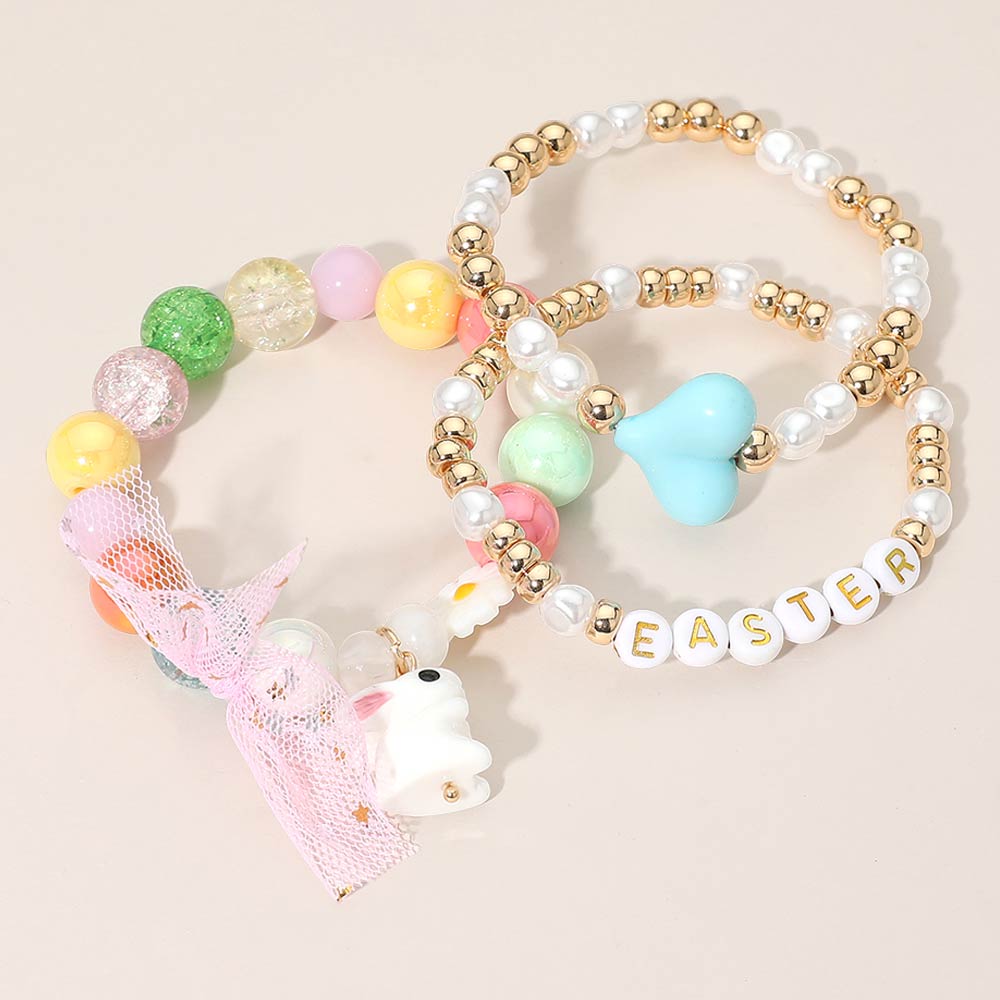 Madeline Love Gold, Multi 3PCS - Easter Bunny Bow Heart Pearl Flower Beaded Stretch Multi Layered Bracelets - extra