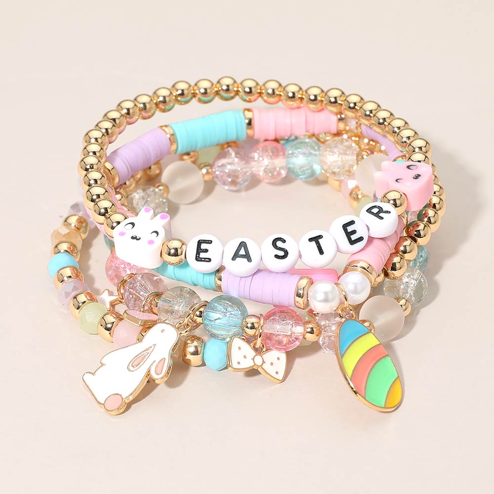 Madeline Love Gold, Multi 5PCS - EASTER Bunny Egg Bow Charm Beaded Stretch Multi Layered Bracelets
