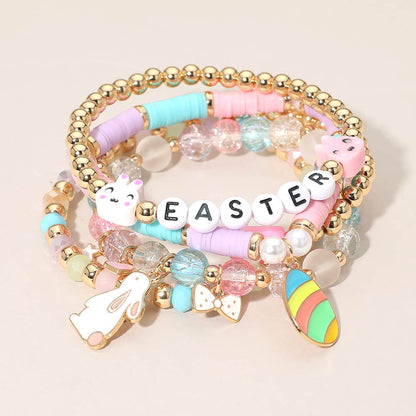 Madeline Love Gold, Multi 5PCS - EASTER Bunny Egg Bow Charm Beaded Stretch Multi Layered Bracelets
