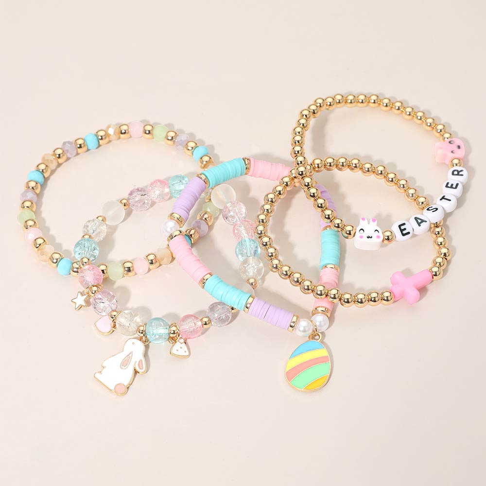 Madeline Love Gold, Multi 5PCS - EASTER Bunny Egg Bow Charm Beaded Stretch Multi Layered Bracelets - extra