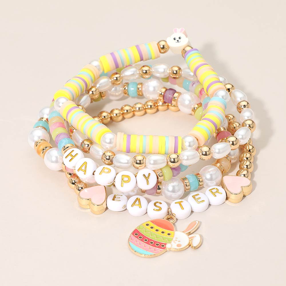 Madeline Love Gold, Multi 5PCS - HAPPY EASTER Bunny Heart Charm Heishi Beaded Stretch Multi Layered Bracelets