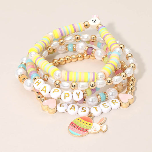 Madeline Love Gold, Multi 5PCS - HAPPY EASTER Bunny Heart Charm Heishi Beaded Stretch Multi Layered Bracelets