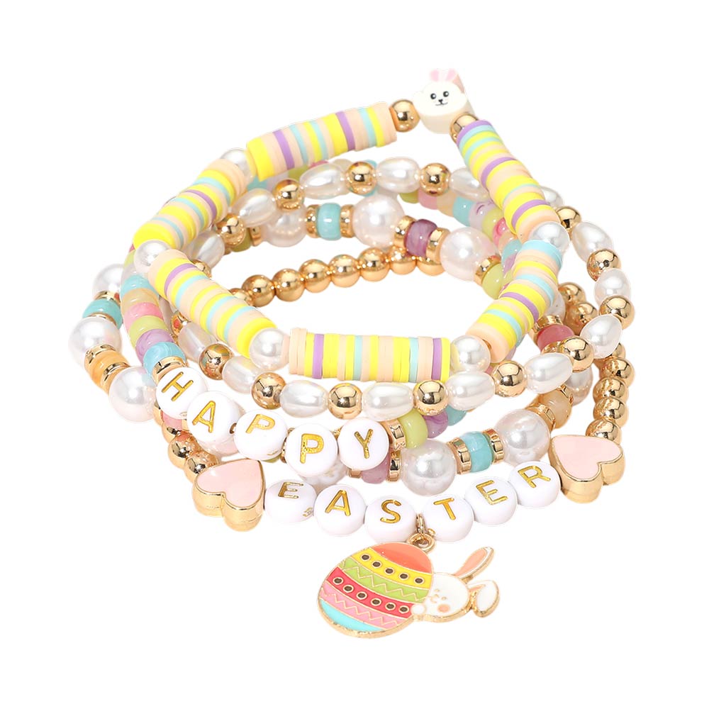 Madeline Love Gold, Multi 5PCS - HAPPY EASTER Bunny Heart Charm Heishi Beaded Stretch Multi Layered Bracelets - desc