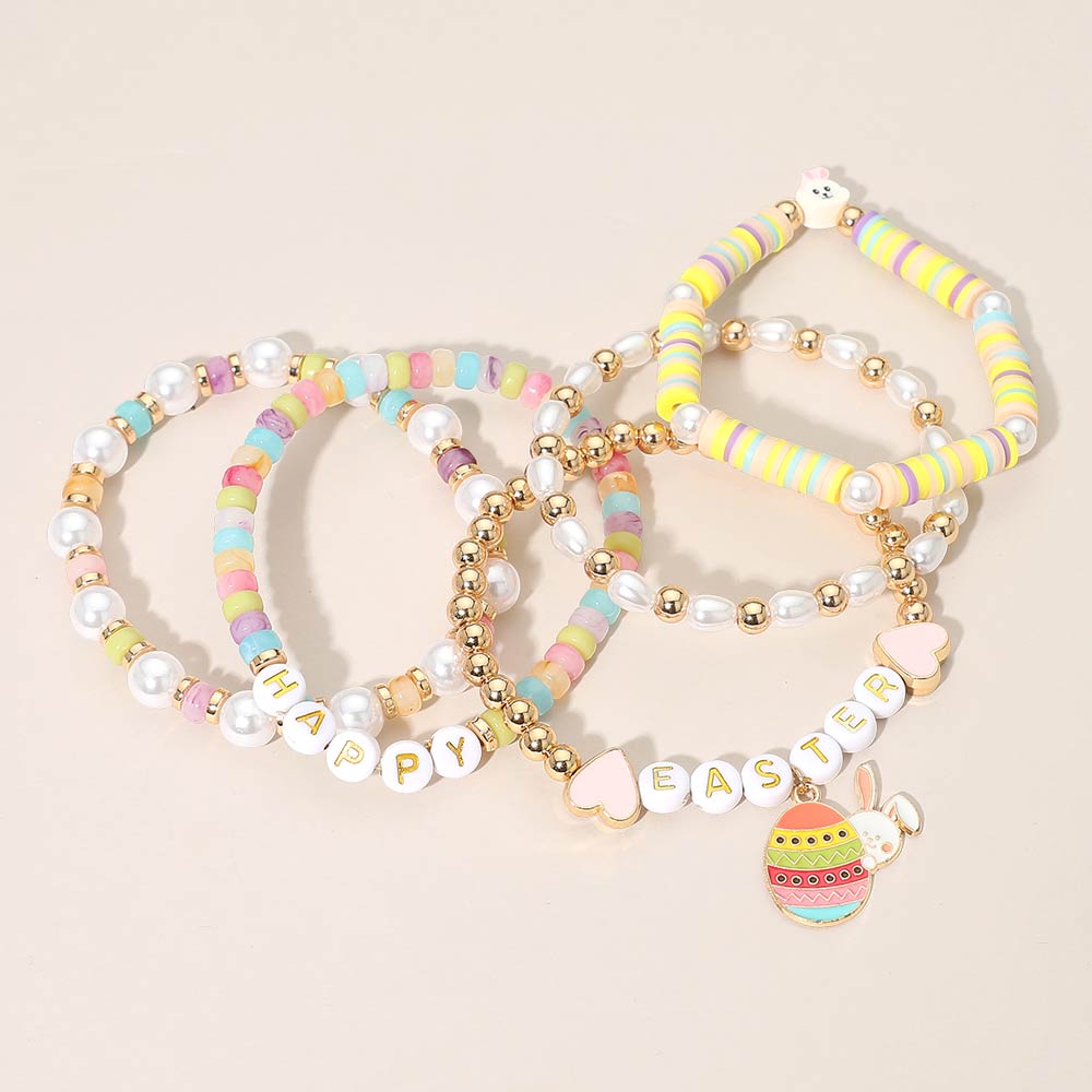Madeline Love Gold, Multi 5PCS - HAPPY EASTER Bunny Heart Charm Heishi Beaded Stretch Multi Layered Bracelets - extra