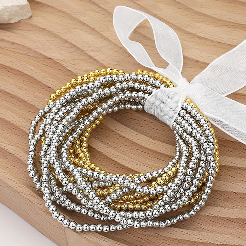 Madeline Love Gold, Rhodium 15PCS - Metal Ball Beaded Stretch Multi Layered Bracelets