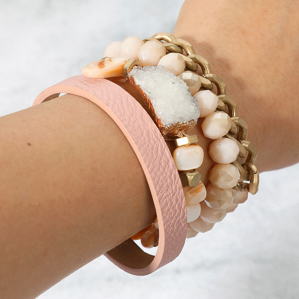 Madeline Love Multi, Neutral 4PCS -Genuine Druzy Accented Bead Stretch Layered Bracelets