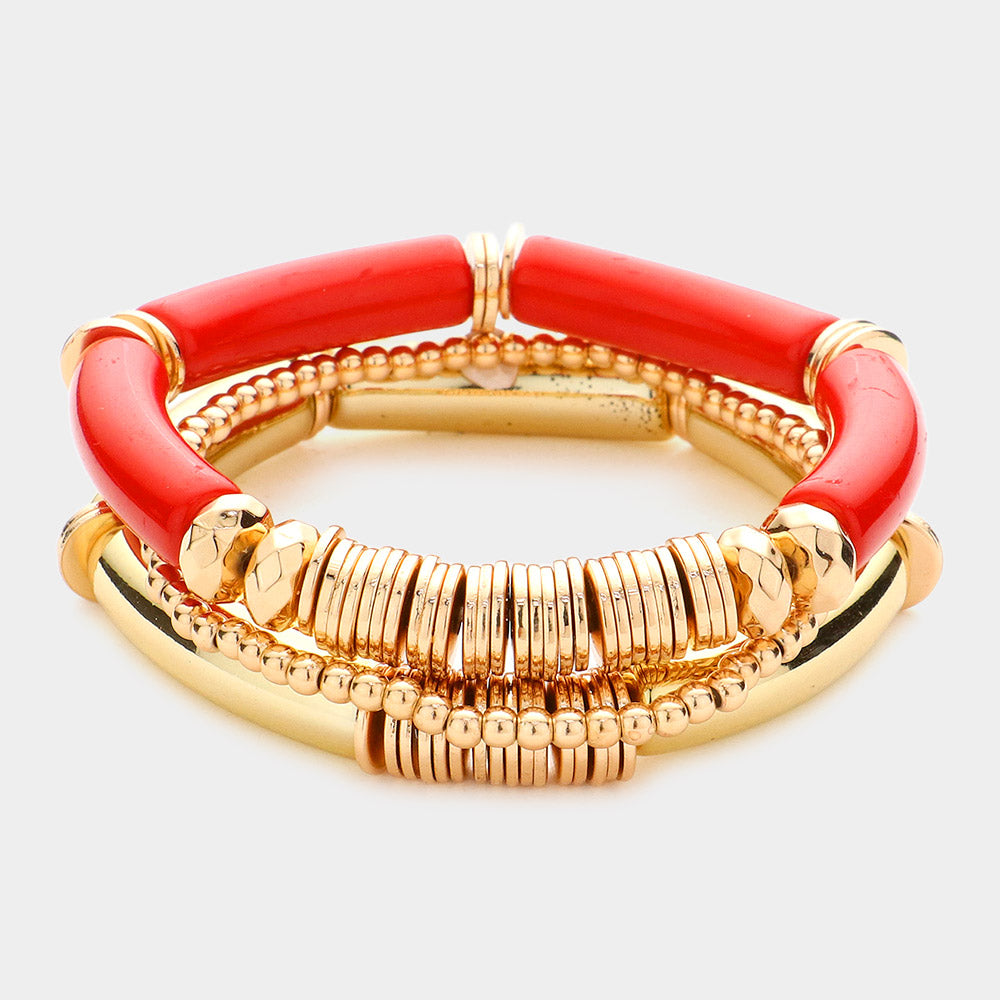 Madeline Love Red Resin Heishi Beaded Stretch Multi Layered Bracelets