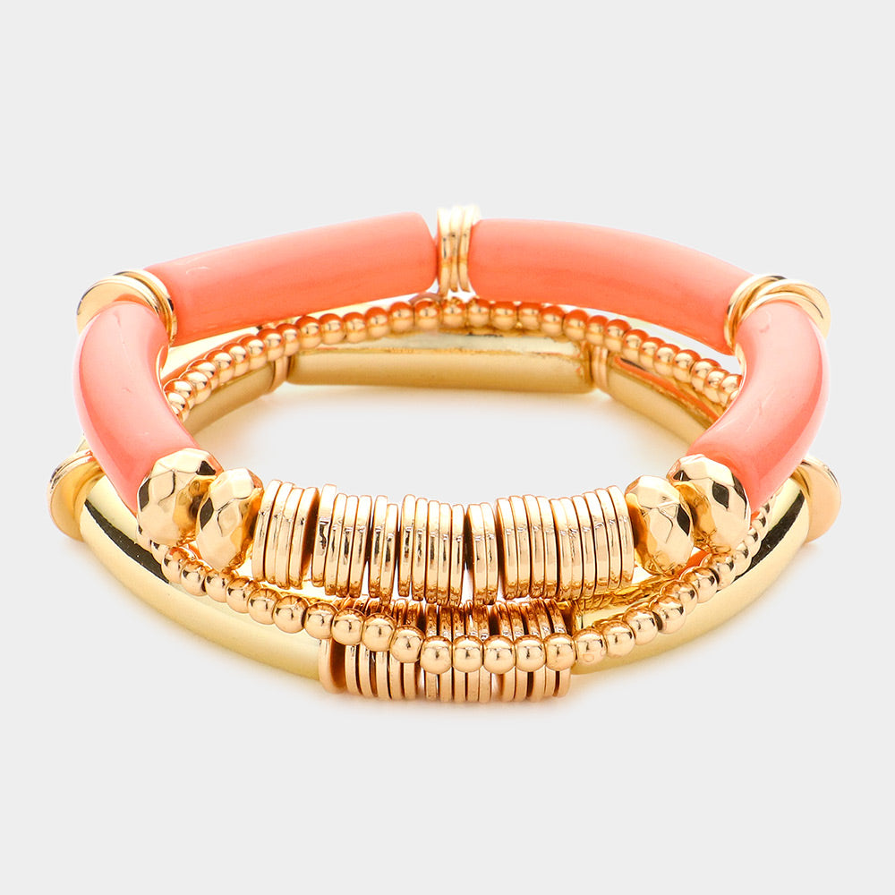 Madeline Love Pink Resin Heishi Beaded Stretch Multi Layered Bracelets