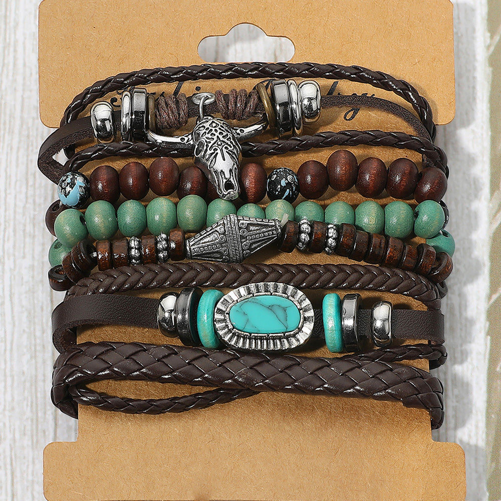Madeline Love Assorted 6PCS - Unisex Western Theme Steerhead Turquoise Charm Accent Adjustable Wood Beaded Stretch Multi Layered Bracelets - Jewelry