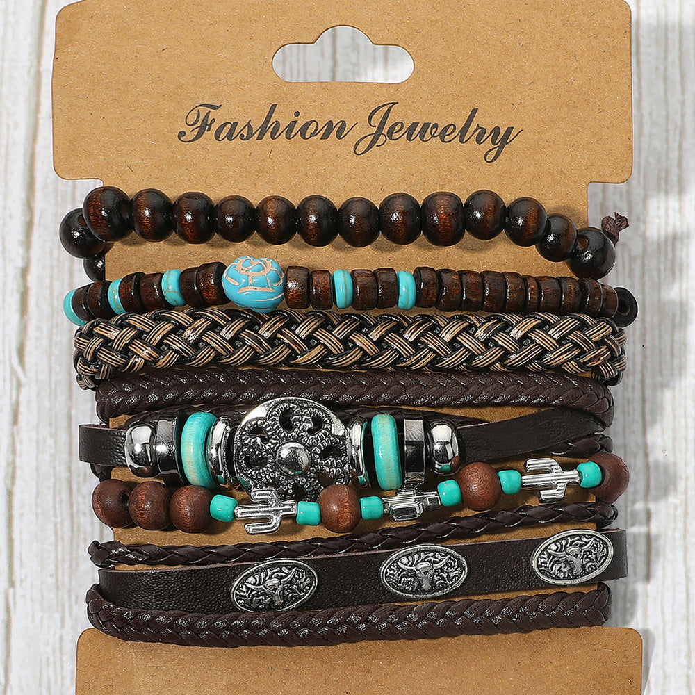 Madeline Love Assorted 6PCS - Boho Tribal Theme Braided Adjustable Wooden Beaded Stretch Multi Layered Bracelets - Jewelry