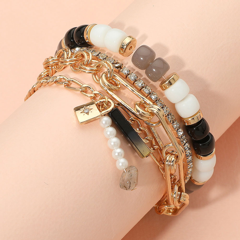 Madeline Love Black 3PCS - Pearl Lock Charm Metal Chain Link Beaded Bracelets