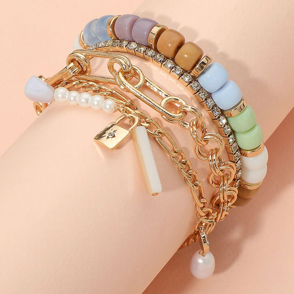 Madeline Love Light, Multi 3PCS - Pearl Lock Charm Metal Chain Link Beaded Bracelets