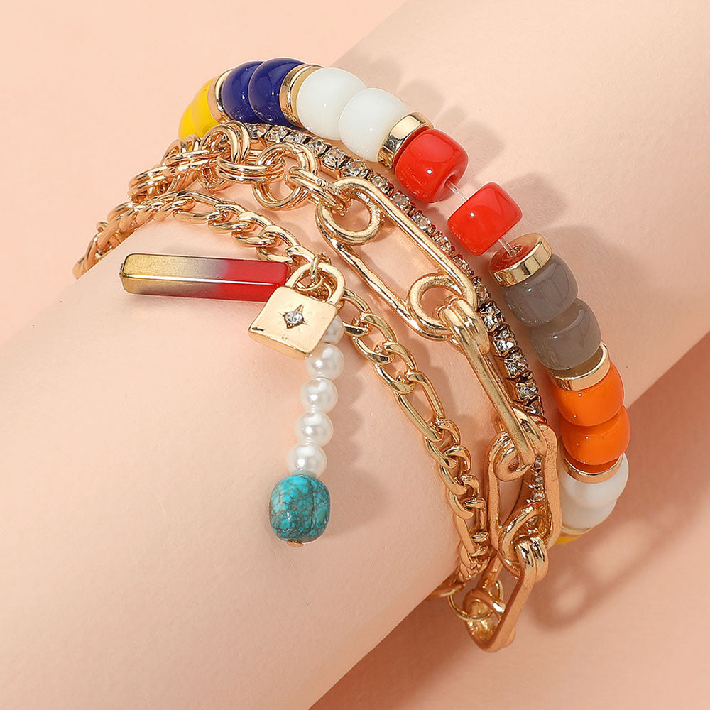Madeline Love Multi 3PCS - Pearl Lock Charm Metal Chain Link Beaded Bracelets
