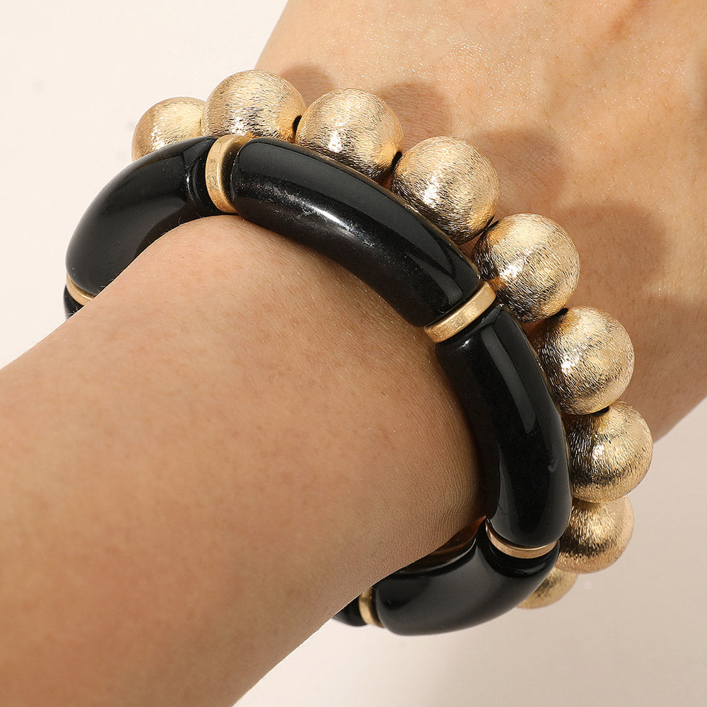 Madeline Love Black 2PCS - Chunky Resin Tube Metal Ball Stretch Multi Layered Bracelets