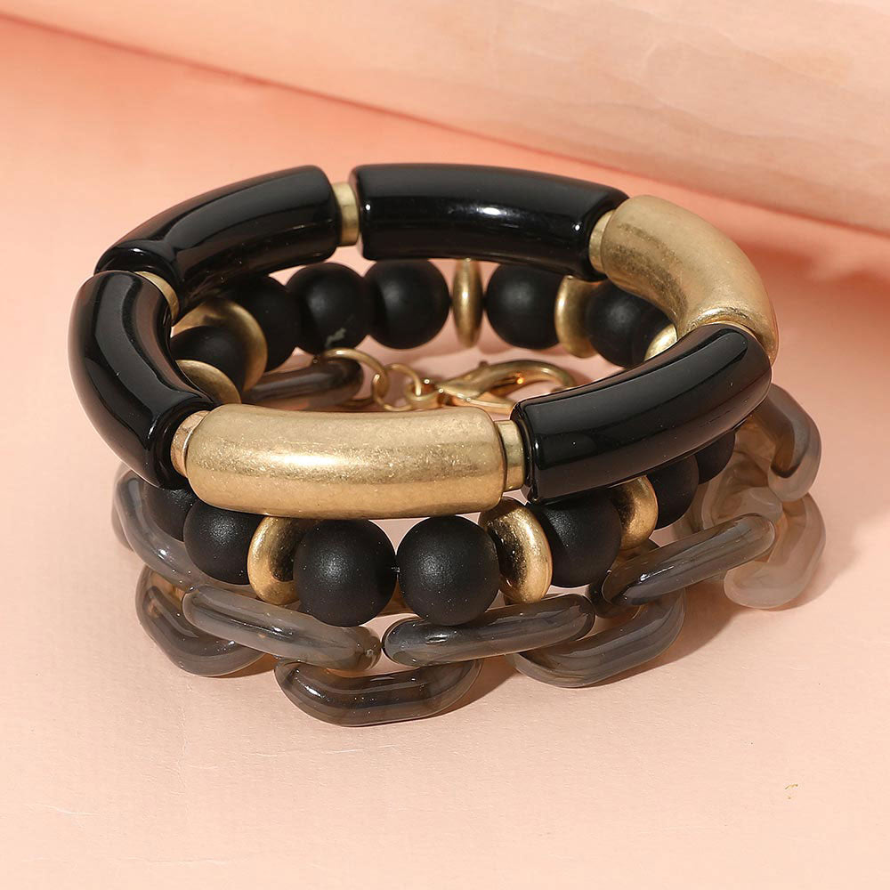Madeline Love Black 3PCS - Bold Wooden Mixed Beaded Stretch Resin Link Multi Layered Bracelets