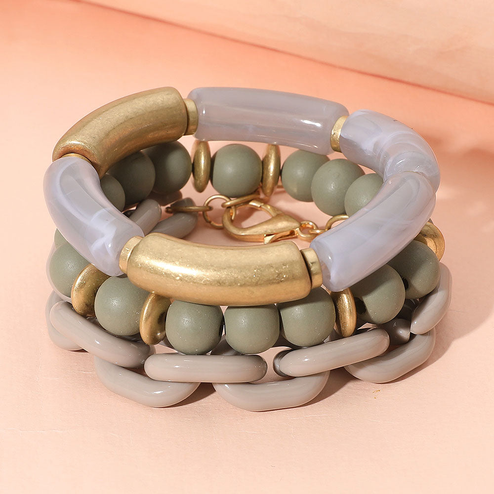 Madeline Love Gray 3PCS - Bold Wooden Mixed Beaded Stretch Resin Link Multi Layered Bracelets