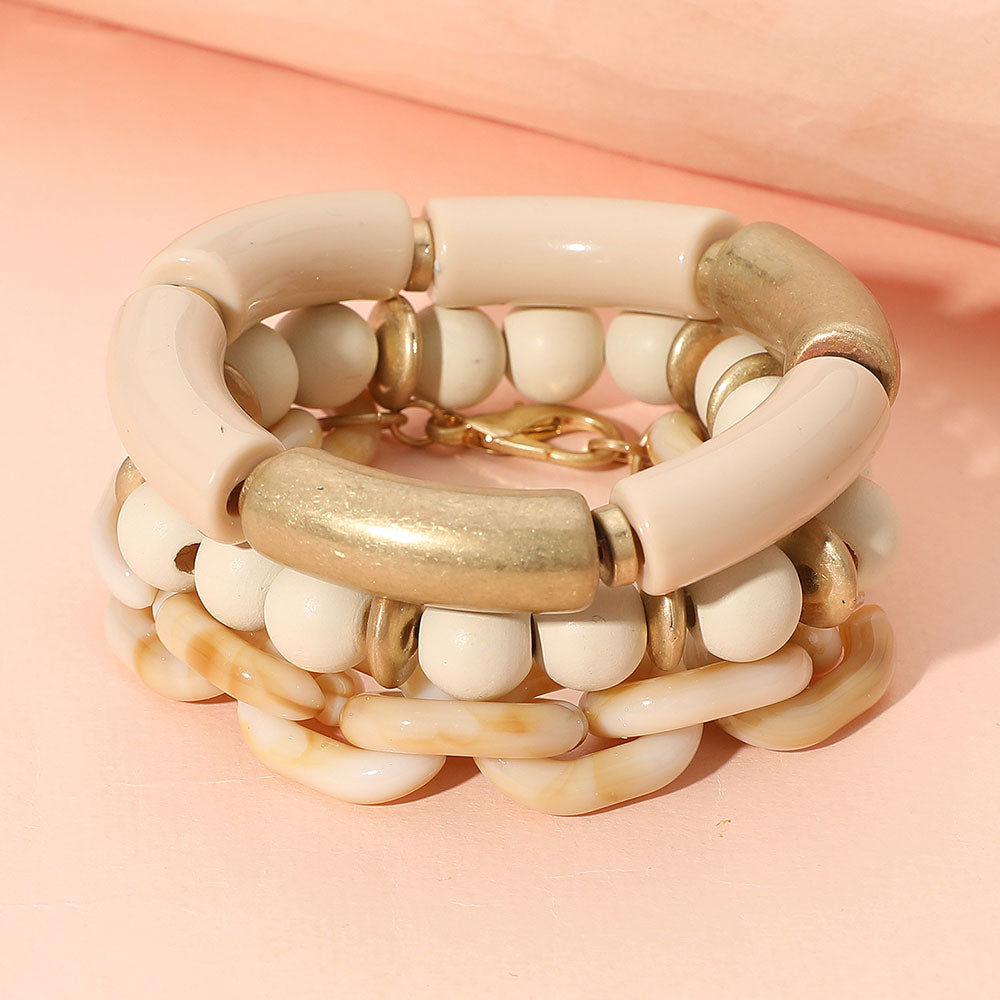 Madeline Love Ivory 3PCS - Bold Wooden Mixed Beaded Stretch Resin Link Multi Layered Bracelets
