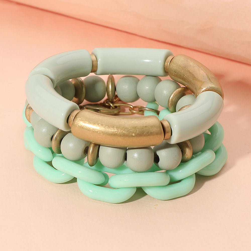 Madeline Love Mint 3PCS - Bold Wooden Mixed Beaded Stretch Resin Link Multi Layered Bracelets