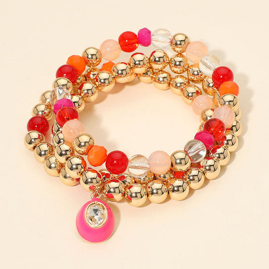 Madeline Love Fuchsia 3PCS - Oval Stone Charm Ball Beaded Stretch Multi Layered Bracelets
