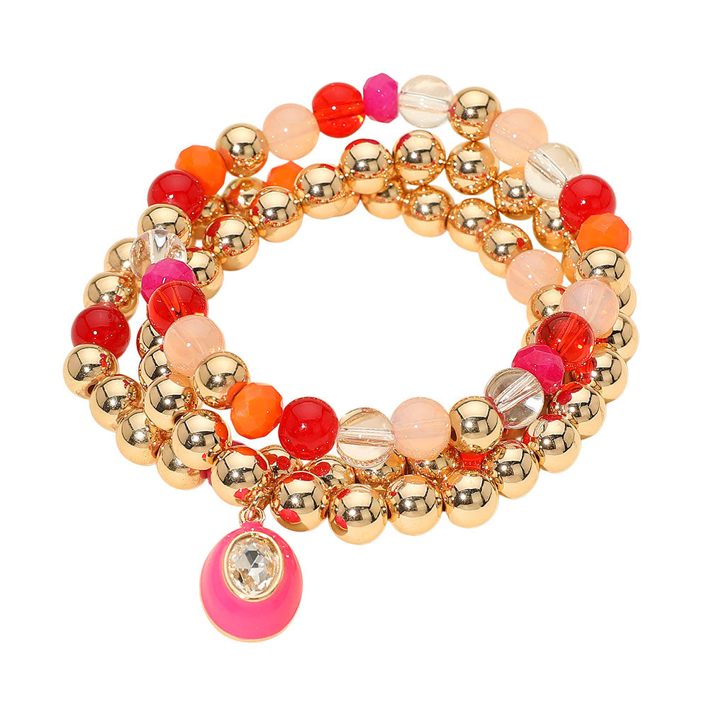 Madeline Love Fuchsia 3PCS - Oval Stone Charm Ball Beaded Stretch Multi Layered Bracelets - extra