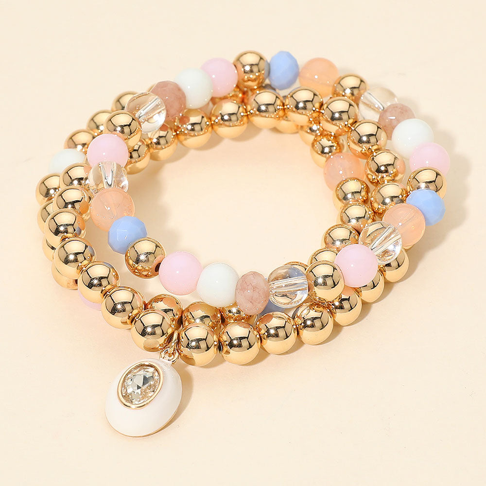 Madeline Love White 3PCS - Oval Stone Charm Ball Beaded Stretch Multi Layered Bracelets