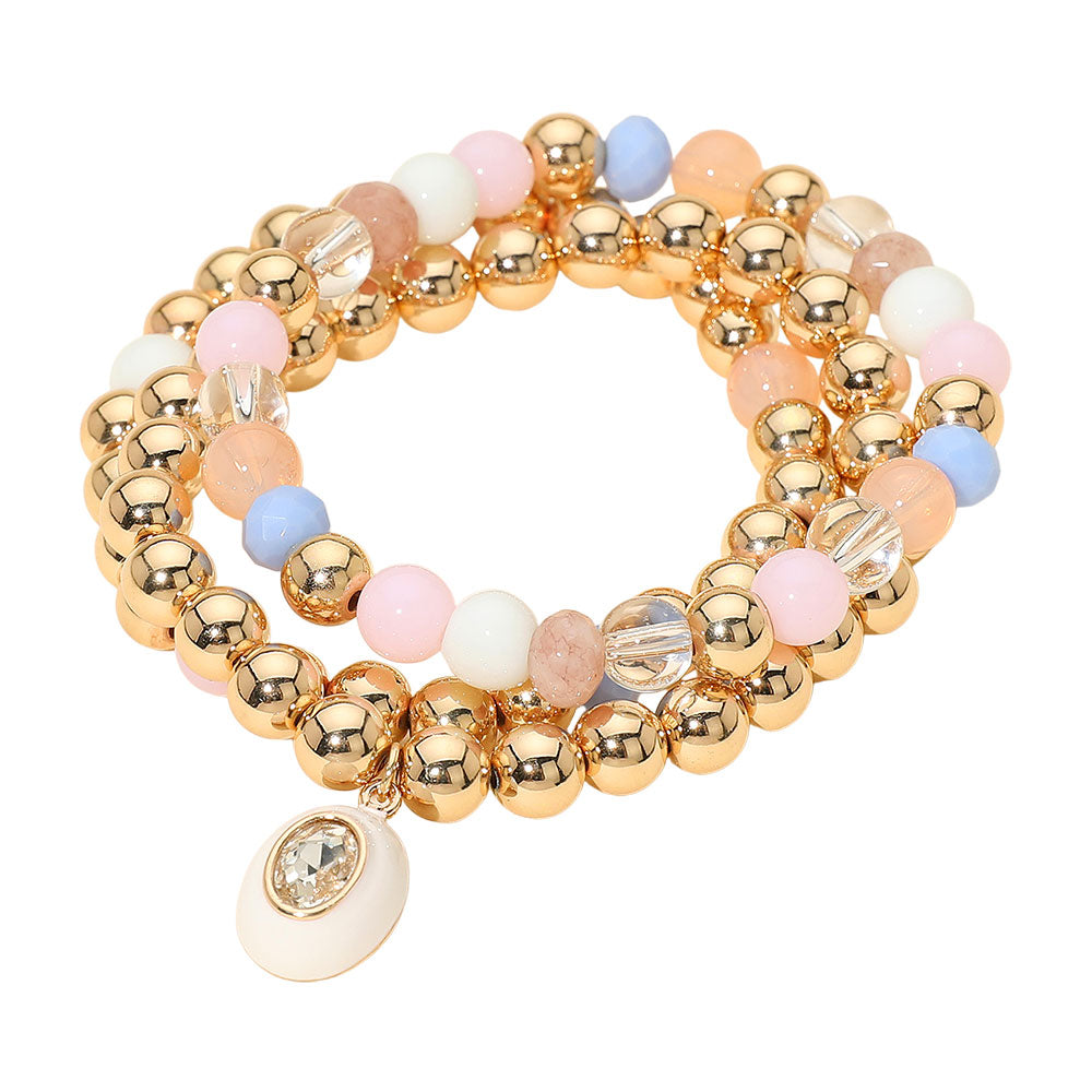 Madeline Love White 3PCS - Oval Stone Charm Ball Beaded Stretch Multi Layered Bracelets - extra