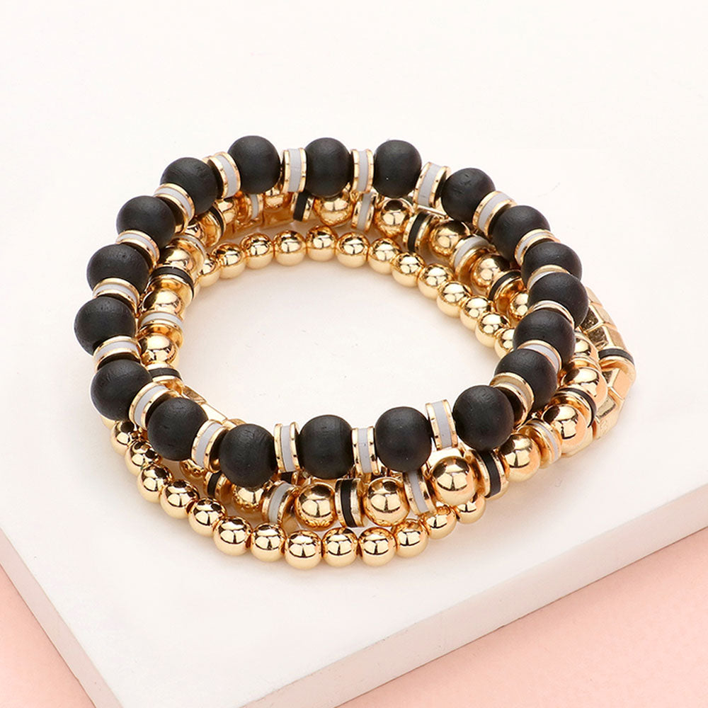 Madeline Love Black 4PCS - Wood Ball Metal Beaded Stretch Bracelets
