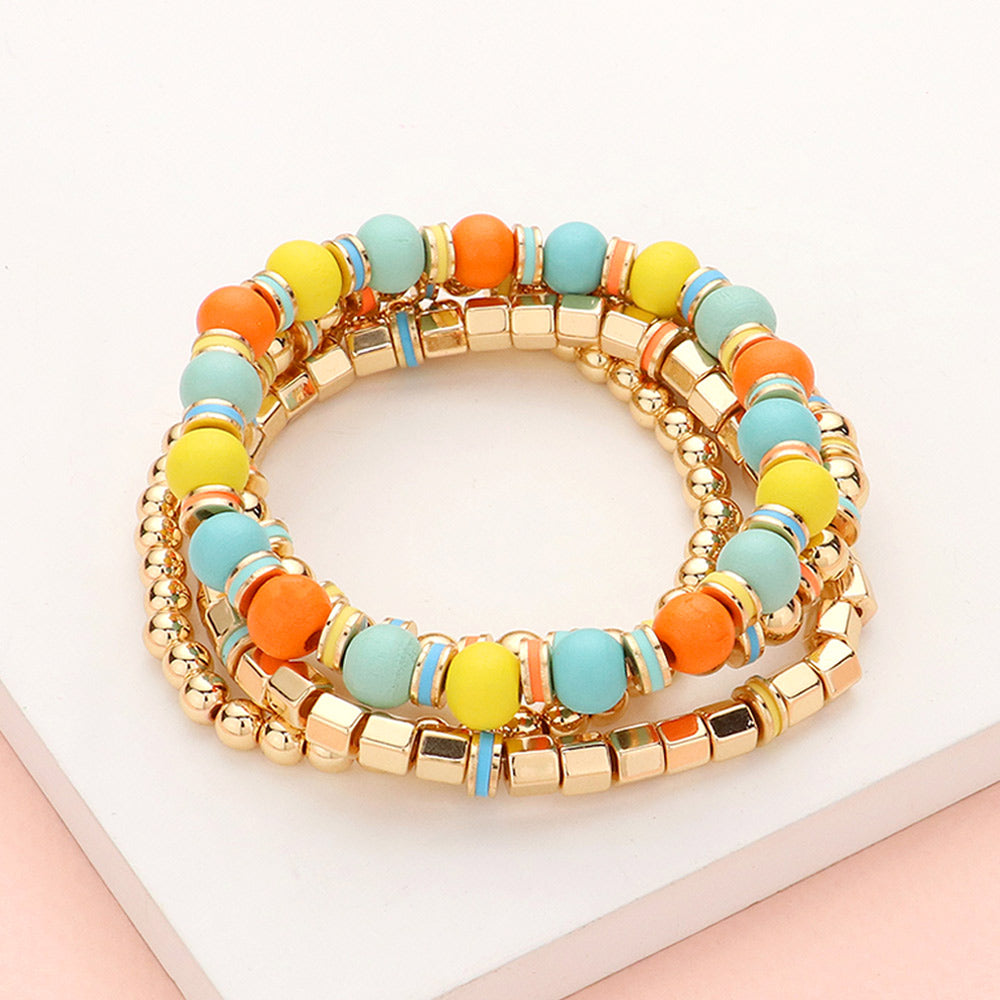 Madeline Love Multi, Orange 4PCS - Wood Ball Metal Beaded Stretch Bracelets