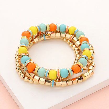 Madeline Love Multi, Orange 4PCS - Wood Ball Metal Beaded Stretch Bracelets