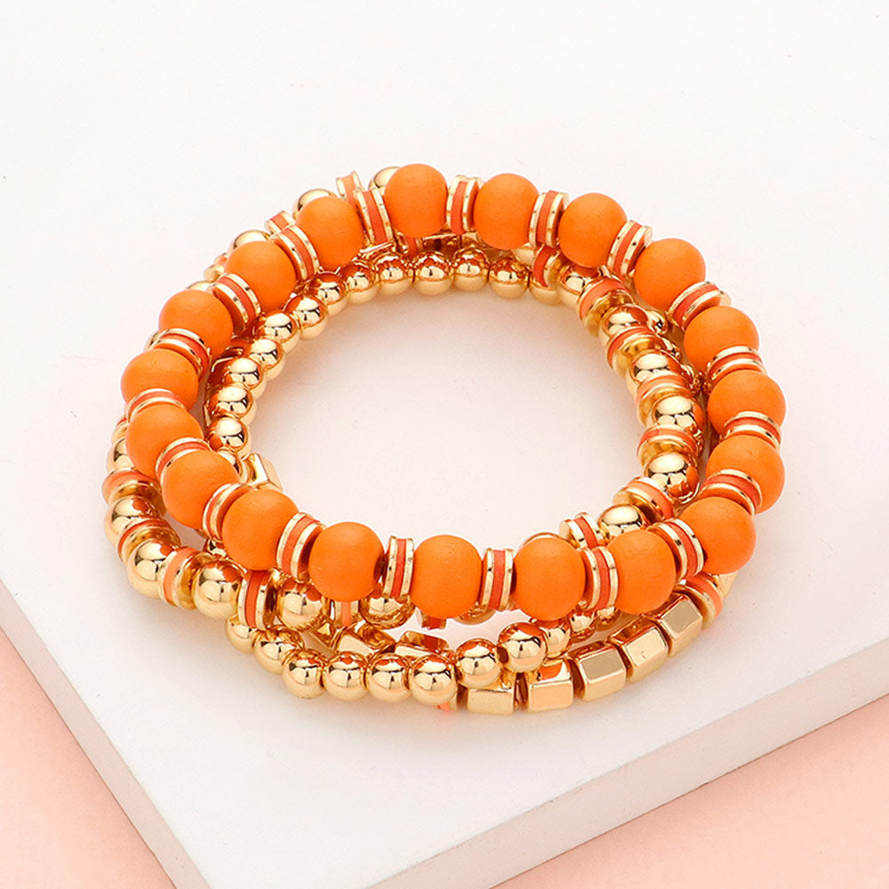 Madeline Love Orange 4PCS - Wood Ball Metal Beaded Stretch Bracelets