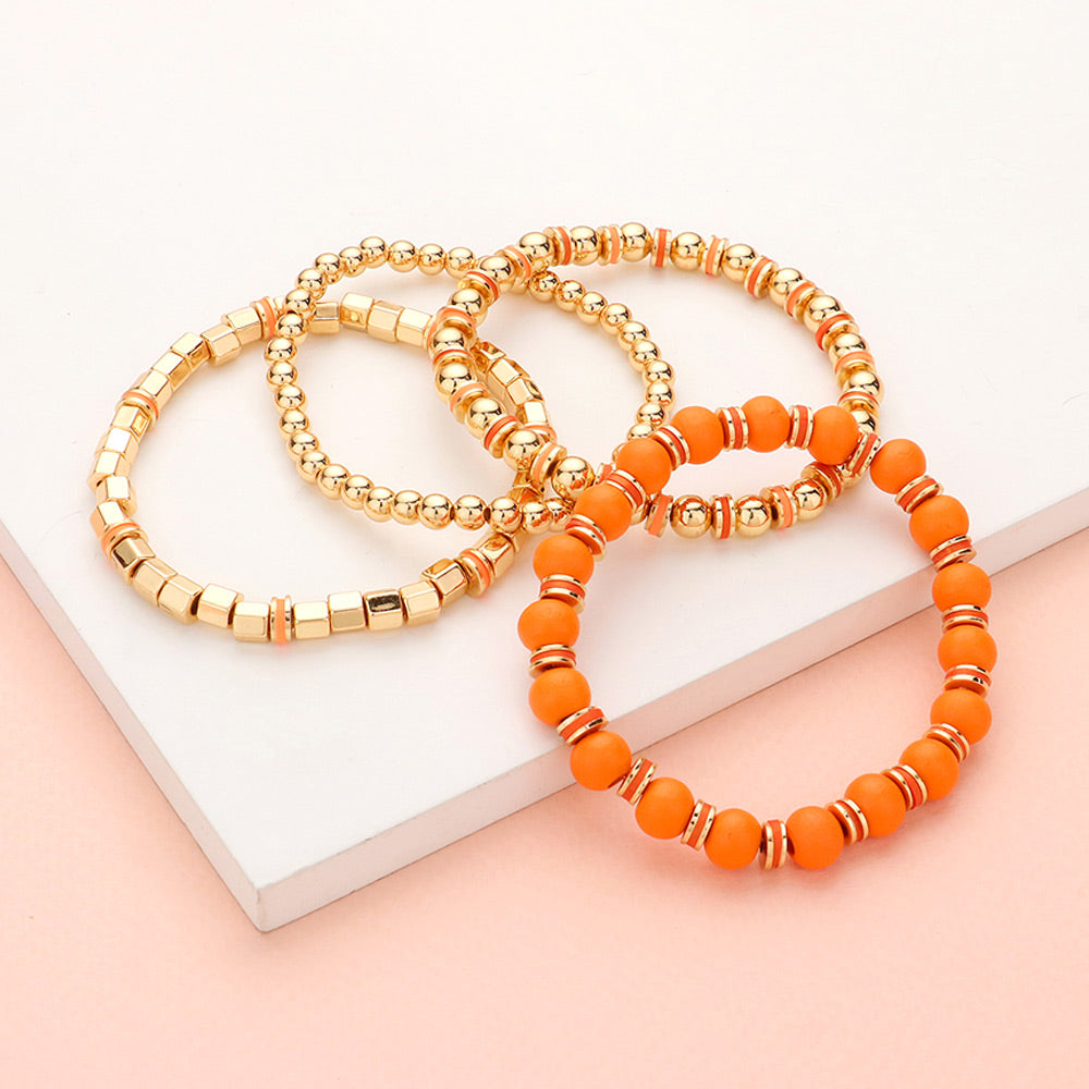 Madeline Love Orange 4PCS - Wood Ball Metal Beaded Stretch Bracelets - desc