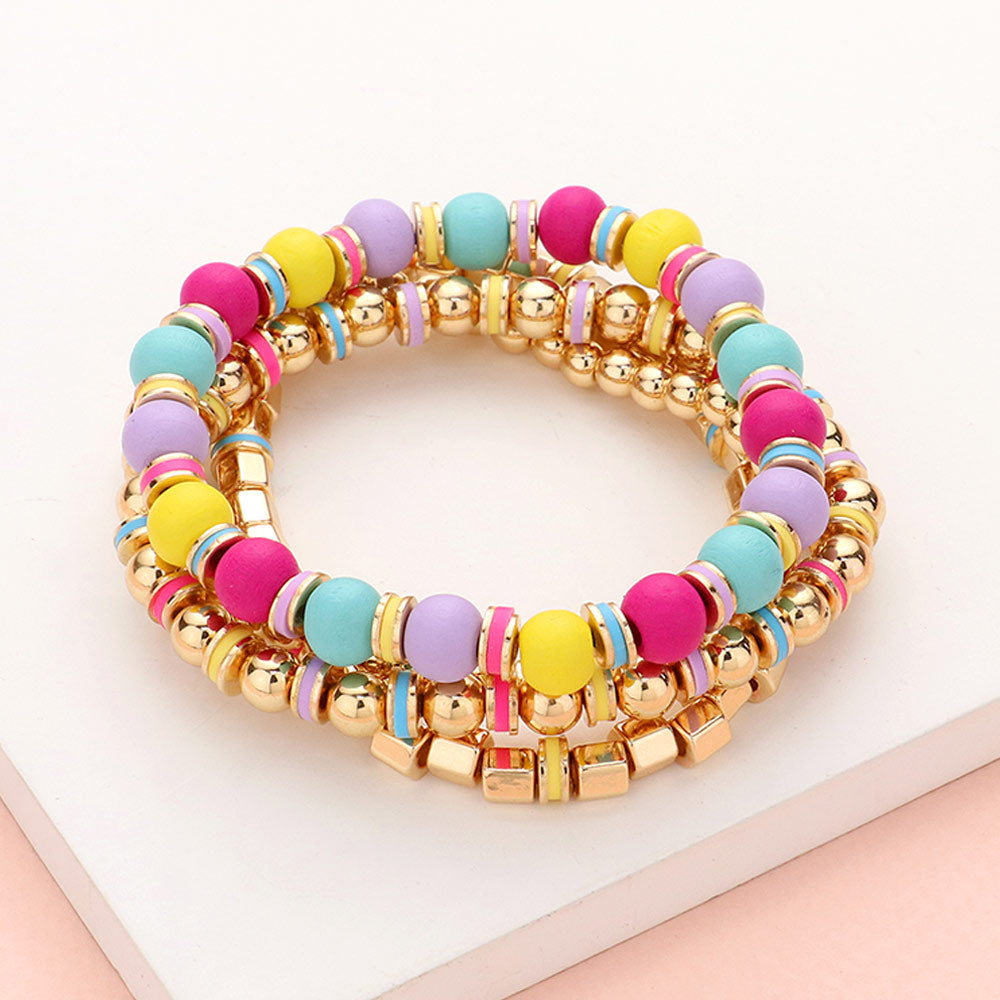 Madeline Love Multi, Pink 4PCS - Wood Ball Metal Beaded Stretch Bracelets